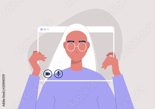 Social distancing communication, young female character holding a video call frame, technology