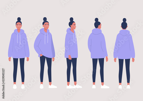 Young female character poses collection: front, side and back views photo