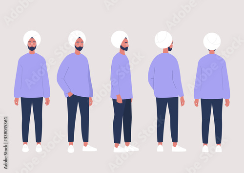 Young indian male character poses collection: front, side and back views