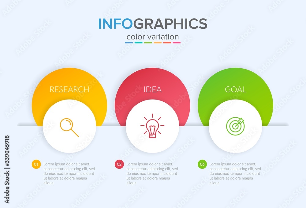 Fototapeta premium Concept of arrow business model with 3 successive steps. Three colorful graphic elements. Timeline design for brochure, presentation. Infographic design layout.