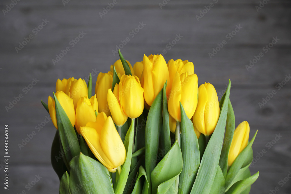 Naklejka premium A bouquet of yellow tulips in a paper wrapper, on a blue background. copy space .