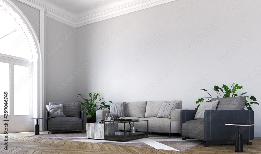 Modern luxury living room interior design and white wall background ...