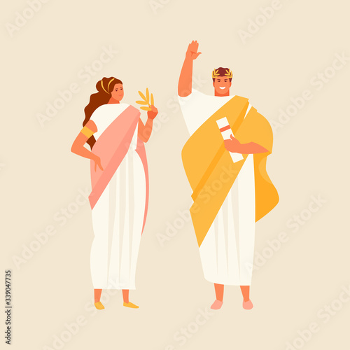 Roman citizens man and woman in traditional historical costumes. Vector characters