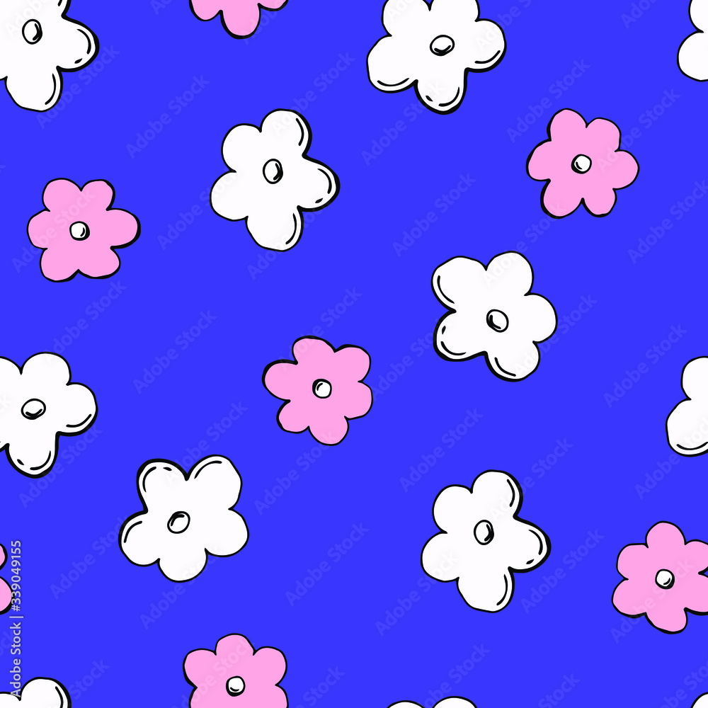 Seamless pattern of stylized flowers. Summer print. Cartoon style illustration. Stock Illustration. Design for wallpaper, textile, packaging, fabric.