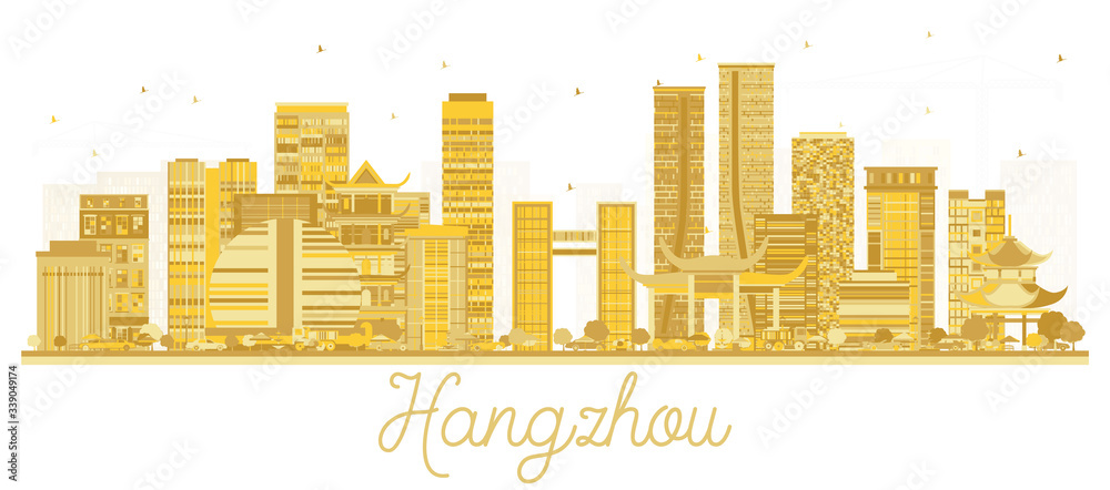 Hangzhou China City Skyline Silhouette with Golden Buildings Isolated on White.