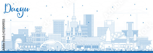 Outline Daegu South Korea City Skyline with Blue Buildings.