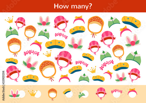 Counting children game of cartoon kids hats.