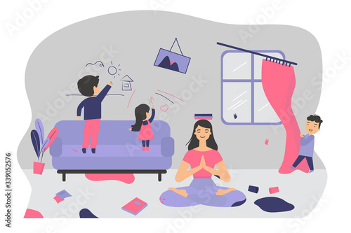 Mother staying at home with mischievous children. Mom keeping calm and meditating while adorable kids making chaos. Vector illustration for quarantine, motherhood, childhood concept