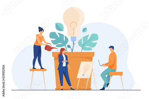 Business team discussing new ideas and innovations. Group of people growing lightbulb plant. Vector illustration for teamwork, ecology, innovation, growth, eco energy concept