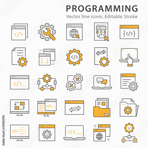 Programming flat line icon set. Vector illustration. Editable stroke.