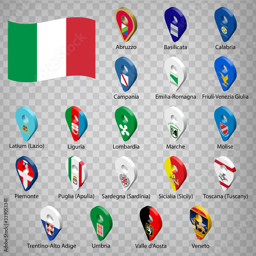 Twenty flags of Italy  - alphabetical order with name.  Set of 3d geolocation signs like flags regions of Italy. Twenty geolocation marks for your design, logo app, UI. EPS10.