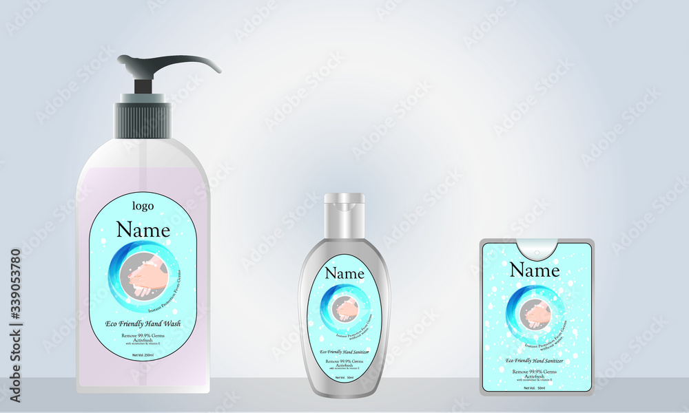 liquid soap and pocket hand sanitizer with label design ready for mock up. vector illustration liquid soap and pocket hand sanitizer with label design ready for mock up. vector illustration