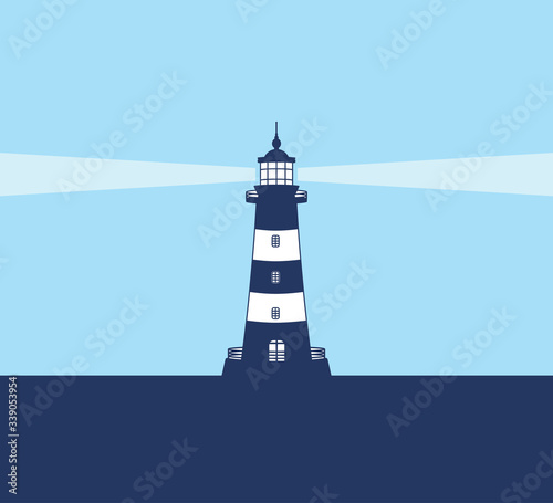 lighthouse shine its light in the middle of shore vector illustration design