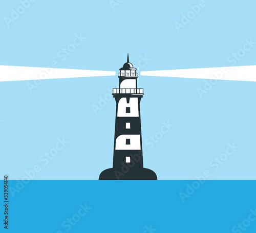 lighthouse shine its light in the middle of shore vector illustration design