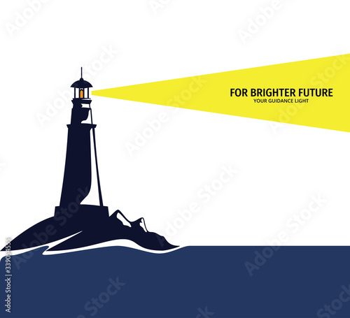 lighthouse in the edge of beach shine its light far way to the sea for poster and vector design illustration