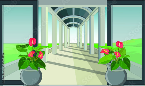 Terrace of House View With Door, Window, and Ivy Flower Cartoon Vector Illustration for your design