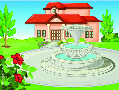 Beautiful View of Front House With Water Fountain Cartoon Vector Illustration