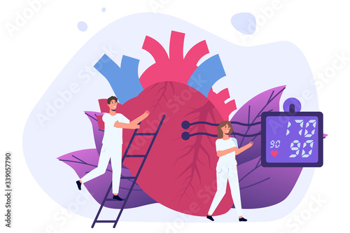 High Blood Pressure, hypertension disease. Tiny doctors treat, inspection check human Heart. Vector illustration.