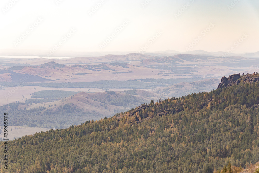 Fototapeta premium South Ural mountains in the vicinity of Bannoe lake. Metallurgist-magnitogorsk ski resort, republic Bashkortostan, Russia
