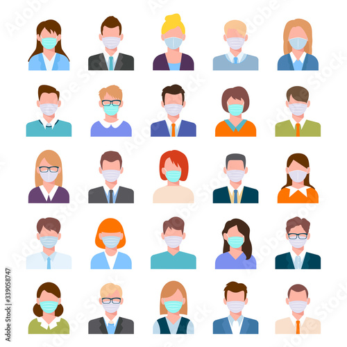 protection mask. people wearing medical mask business avatars nCOV viruses attention healthcare persons vector stylized set