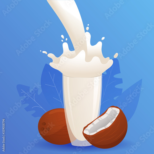 
Glass of coconut milk splash. Vegetable nut drink. Realistic vector illustration.