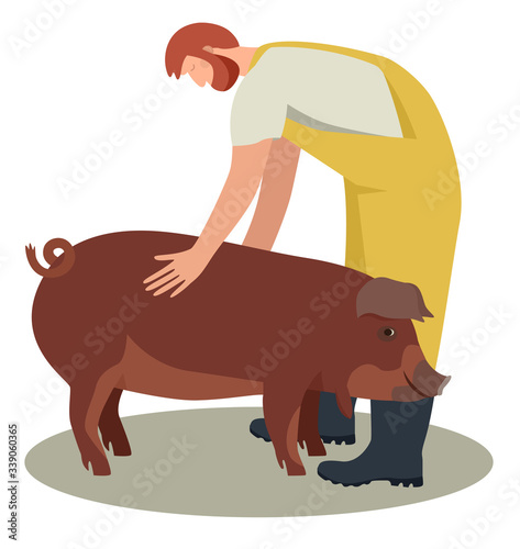Farmer with Red Wattle hog  Breeds of domestic pigs Flat vector illustration Cattle breeding and stock raising