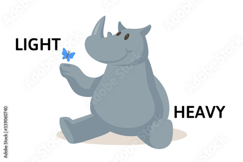 Words light and heavy textcard with cartoon rhinoceros and butterfly animal characters. Opposite adjectives explanation card. Flat vector illustration, isolated on white background.