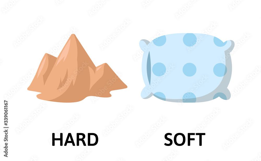 Words soft and hard comparison textcard with a rock and a pillow. Opposite adjectives