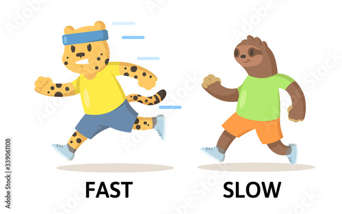 Words fast and slow textcard with cartoon cheetah and sloth characters running. Opposite adjectives explanation card. Flat vector illustration, isolated on white background.