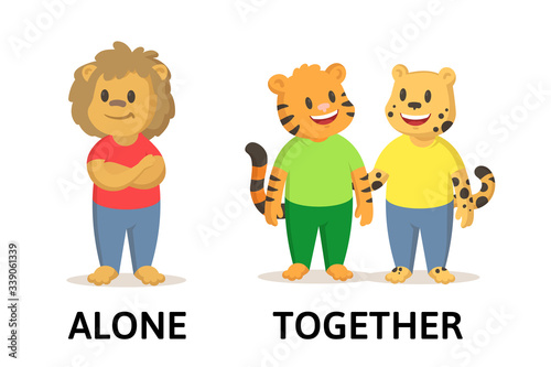 Words together and alone textcard with animal cartoon characters. Opposite adjectives explanation card. Flat vector illustration, isolated on white background.