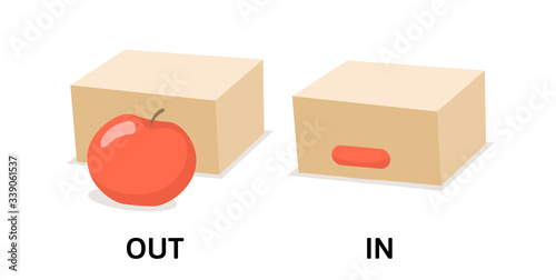 Words in and out opposites flashcard with cartoon box and apple. Opposite prepositions explanation card. Flat vector illustration, isolated on white background.