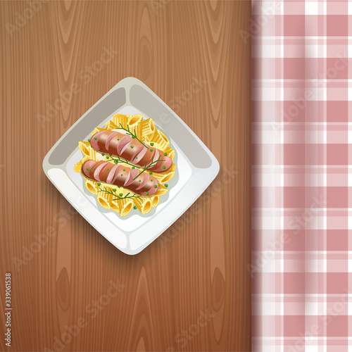 Boiled sausages with pasta and greens on a wooden table with a checkered tablecloth. Pasta with sausage on dish. View from above. Vector illustration