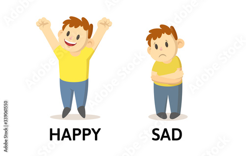 Words happy and sad opposites flashcard with cartoon boy characters. Opposite adjectives explanation card. Flat vector illustration, isolated on white background.