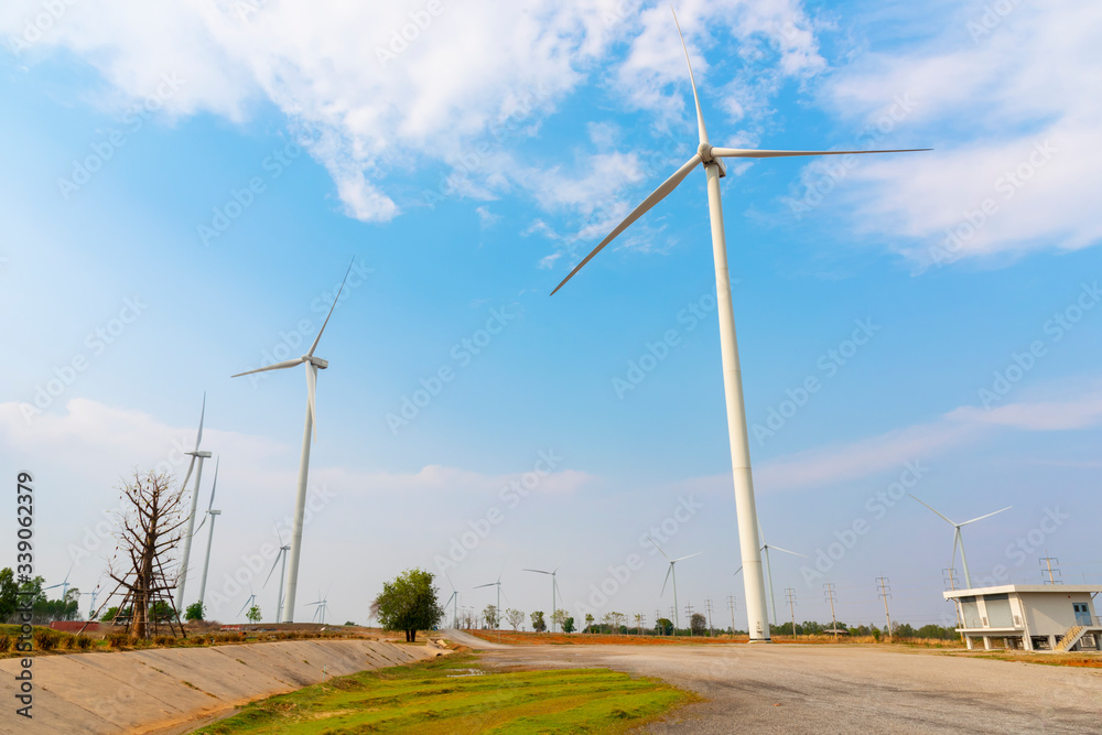Wind turbines for electric power production. Green ecological power energy generation. Wind turbines for electric power production. Green ecological power energy generation.