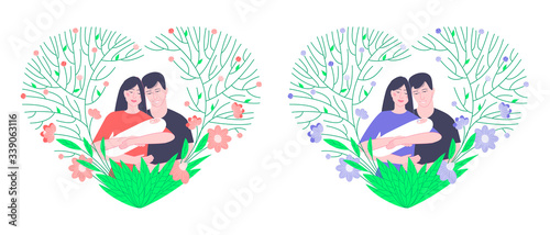 Families with a newborn in frames with blue and pink flowers. Beautiful floral frames to decorate a happy family. Happy mom and dad with the baby. Flat vector illustration.