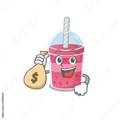Rich strawberry bubble tea cartoon design holds money bags