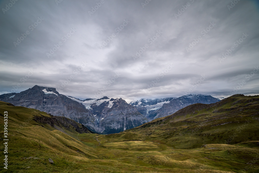 
Overlooking a mountain valley landscape in the alpine region of Grindelwald, Switzerland

