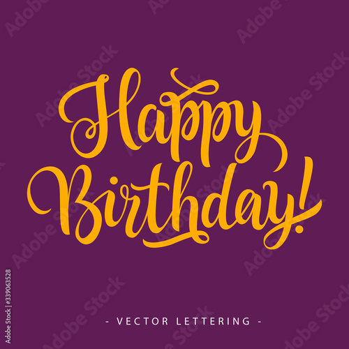 Sticker Yellow Happy birthday inscription with exclamation mark isolated on purple backg