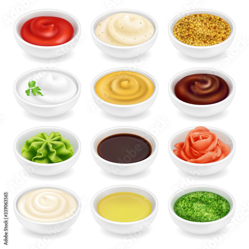 Set of different sauces in bowls