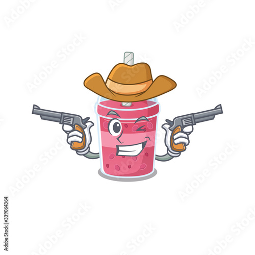 Cute handsome cowboy of strawberry bubble tea cartoon character with guns