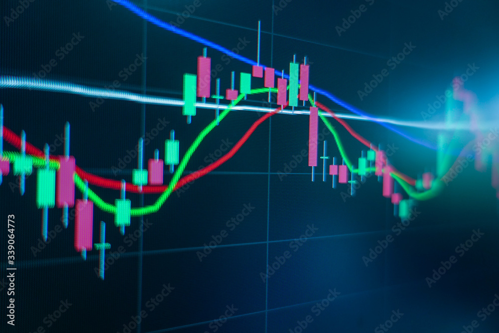 Stock market trading graph and candlestick chart on screen monitor for financial investment and economic concept.