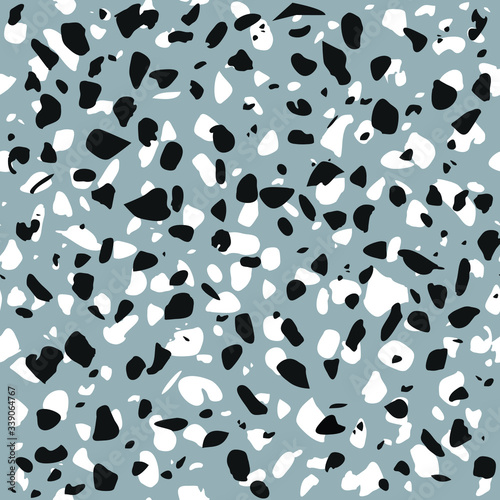 Terrazzo flooring texture. Polished pebbles. Abstract blue beige and orange color seamless pattern, vector background. Italian style tile pieces of stone, marble and glass.