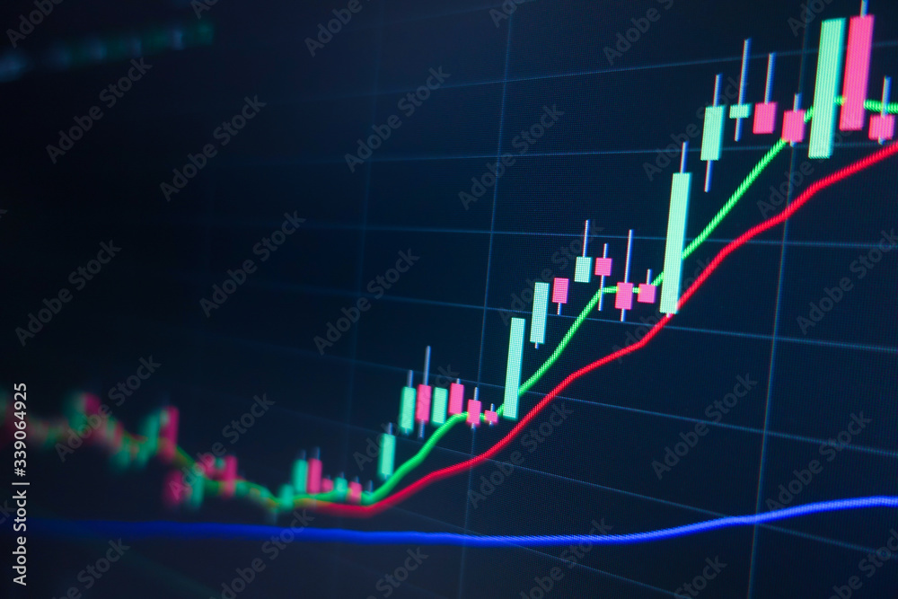 Stock market trading graph and candlestick chart on screen monitor background. Financial investment and economic concept.