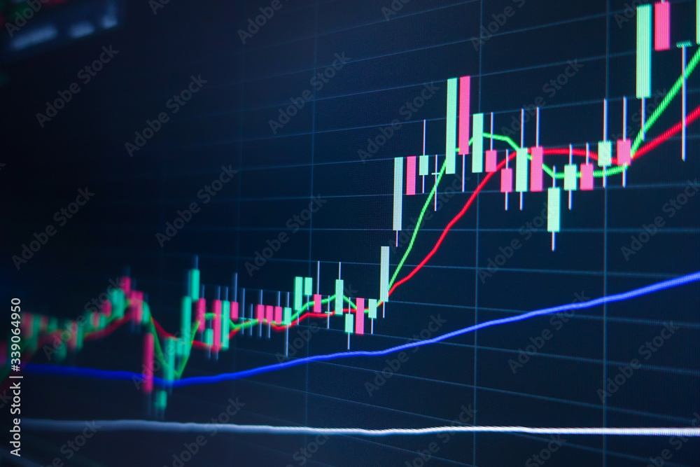 Stock market trading graph and candlestick chart on screen monitor background. Financial investment and economic concept.