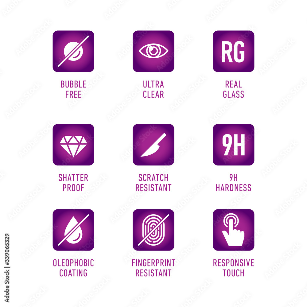 Smartphone screen protection icon set, tempered glass, screen. Smartphone screen protection icon set, tempered glass, screen.