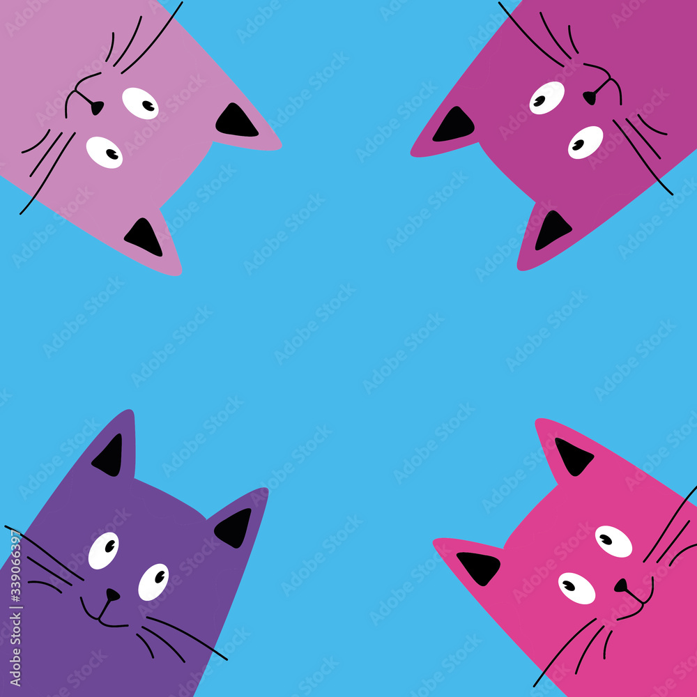 Cute cartoon cats vector. copyspace. Drawn funny cats are looking.