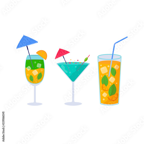 Set of Tropical cocktails. Alcoholic summer drinks in glasses on the beach, mojito, vodka, sambuca, martini, juices, bloody mary. Holiday concept for party invitation, bar menu. Vector illustration