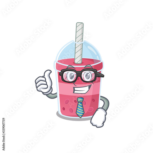 An elegant strawberry bubble tea Businessman mascot design wearing glasses and tie