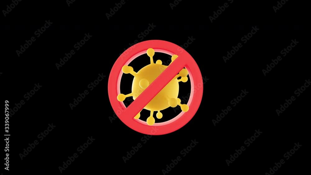 Coronavirus or covid-19 virus cell with red stop sign for stop spreading germs concept. 3d rendering motion background looped and alpha.