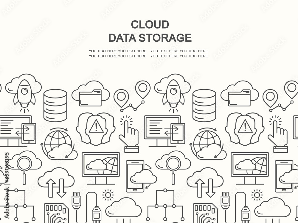 Cloud data storage seamless pattern with line style icons and place for text. Database background, information, global network, server center, backup and security vector illustration. Cloud computing. Cloud data storage seamless pattern with line style icons and place for text. Database background, information, global network, server center, backup and security vector illustration. Cloud computing.